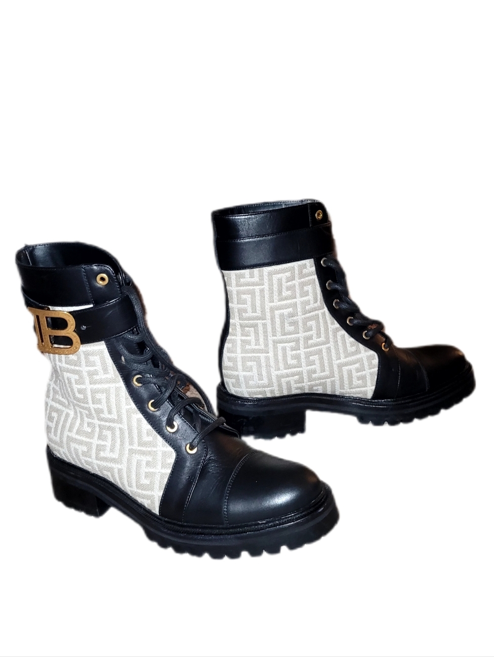 Balmain Black Leather & Beige Monogram Combat Boot with Gold 'B' - Picture 3 of 10